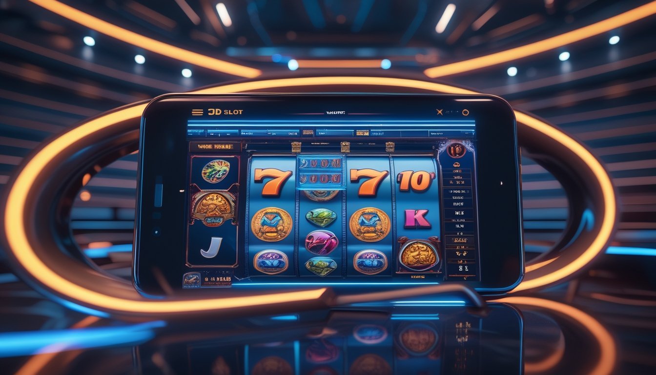 Tampilan layar perangkat digital dengan permainan slot 3D berwarna cerah dan detail grafis yang tajam.