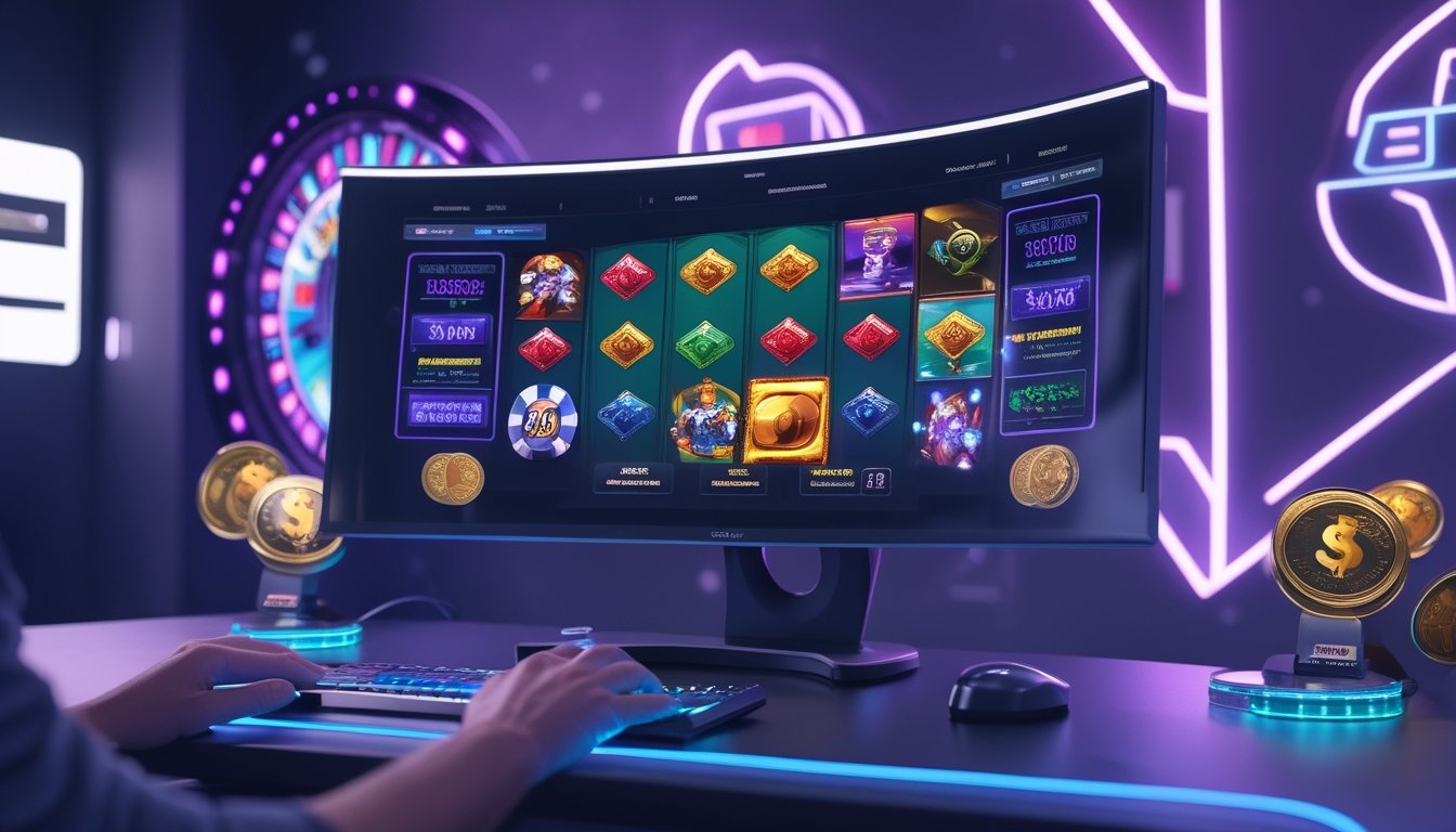 Tangan seseorang menggunakan komputer dengan layar menampilkan permainan slot 3D berwarna-warni di lingkungan kerja modern.