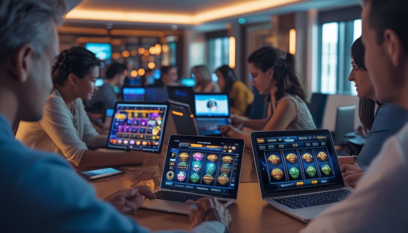 Beberapa orang dewasa menggunakan perangkat digital yang menampilkan permainan slot 3D di sebuah ruangan modern dan terang.