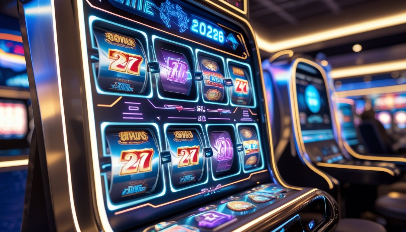 Mesin slot 3D futuristik dengan fitur bonus digital yang menampilkan gulungan mekanik dan efek cahaya neon di dalam kasino modern.