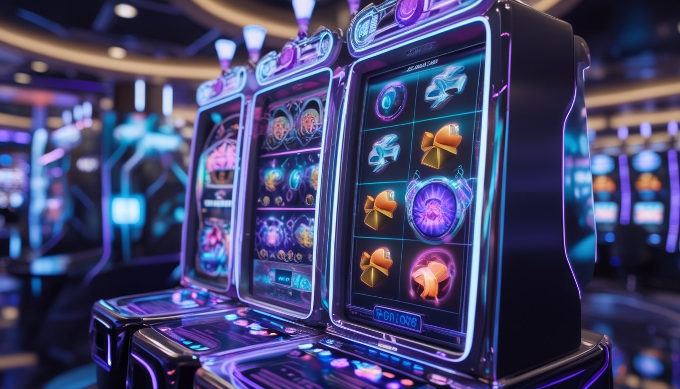 Mesin slot 3D futuristik dengan lampu neon berwarna biru dan ungu di dalam kasino modern yang ramai.