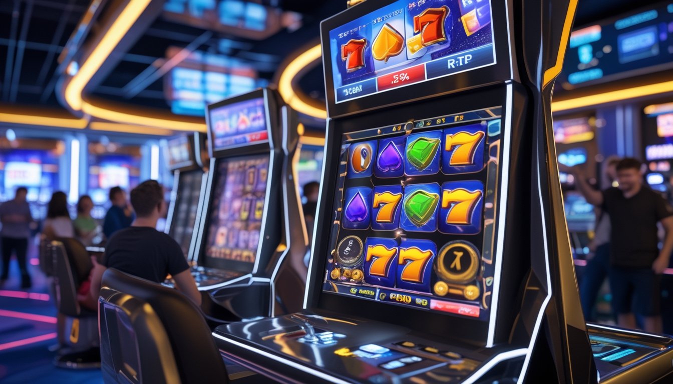 Orang-orang bermain mesin slot 3D di kasino modern dengan lampu dan layar digital yang menampilkan permainan dan statistik.