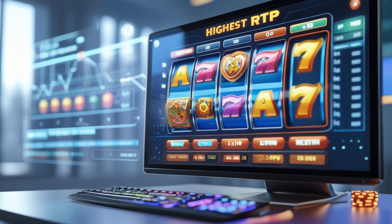 Mesin slot 3D modern dengan grafik warna-warni dan layar digital menampilkan statistik peluang menang dalam lingkungan permainan futuristik.
