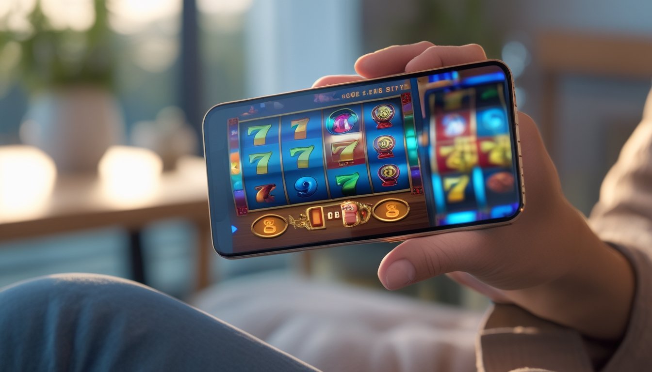 Seseorang memegang ponsel dengan permainan slot 3D terlihat di layar.