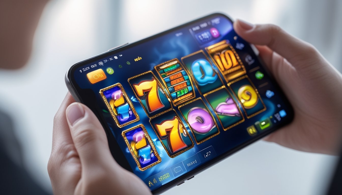 Seseorang memegang smartphone yang menampilkan permainan slot 3D berwarna-warni di layar.