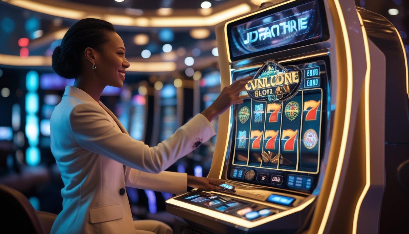 Seorang pemain yang percaya diri sedang bermain mesin slot 3D di kasino modern dengan suasana terang dan teknologi canggih.