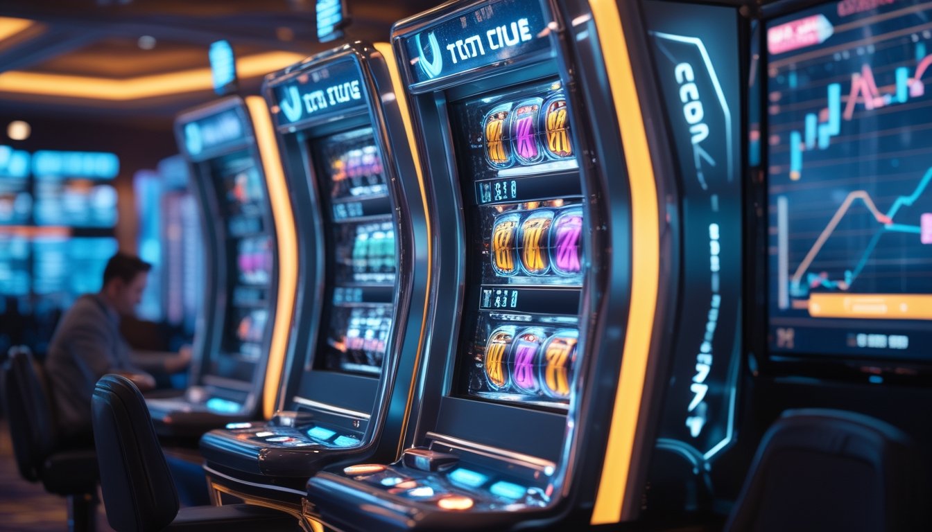 Seorang pemain fokus menggunakan tablet di dekat mesin slot 3D berwarna-warni di dalam kasino dengan pencahayaan hangat.