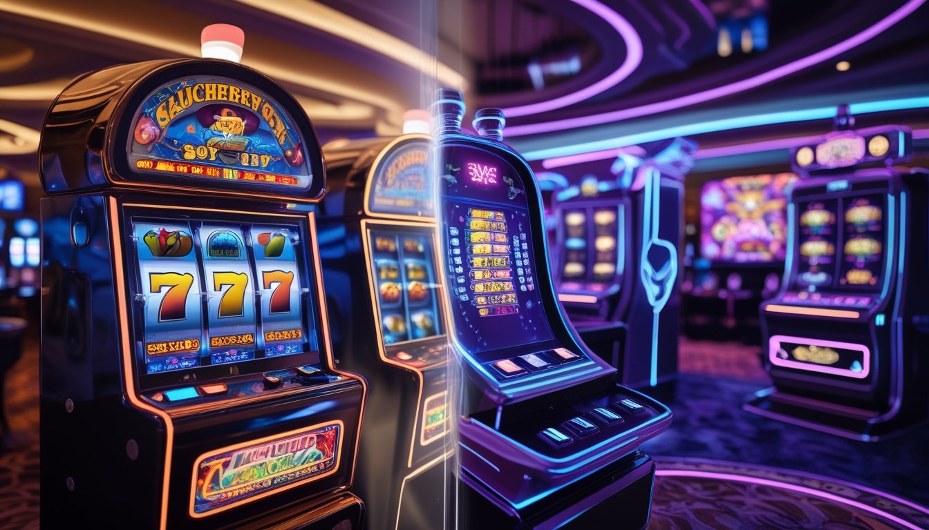 Perbandingan antara mesin slot video klasik dengan mesin slot teknologi 3D modern di sebuah kasino.