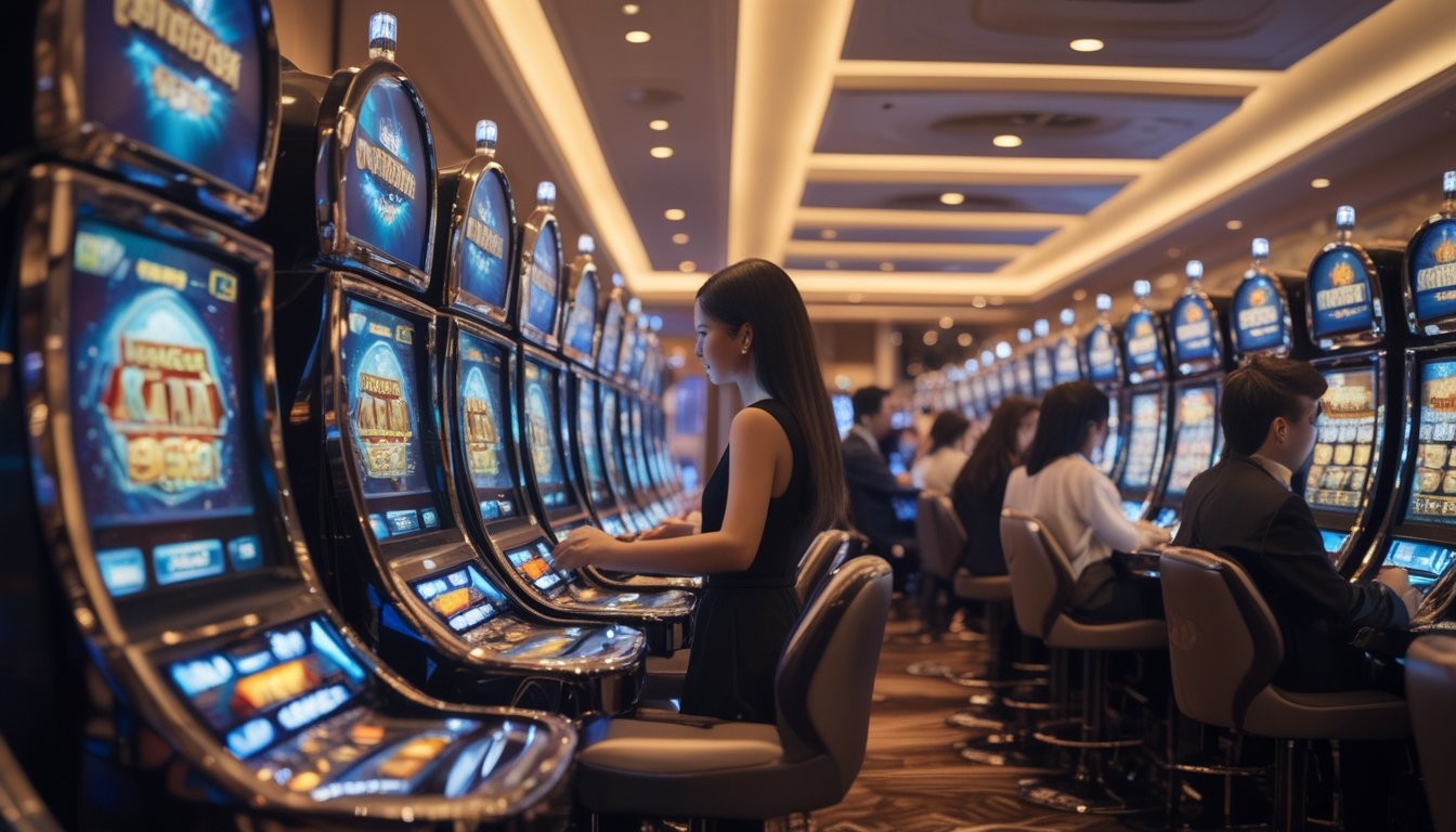 Suasana kasino modern dengan mesin slot 3D yang berwarna-warni dan pemain yang sedang menikmati permainan.