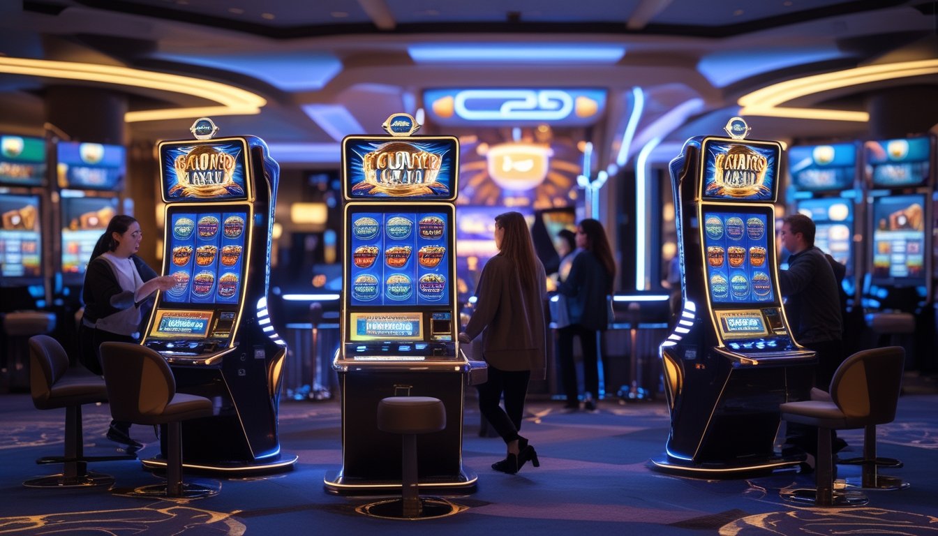Suasana kasino modern dengan mesin slot 3D terbaru tahun 2026 dan pemain yang sedang bermain.