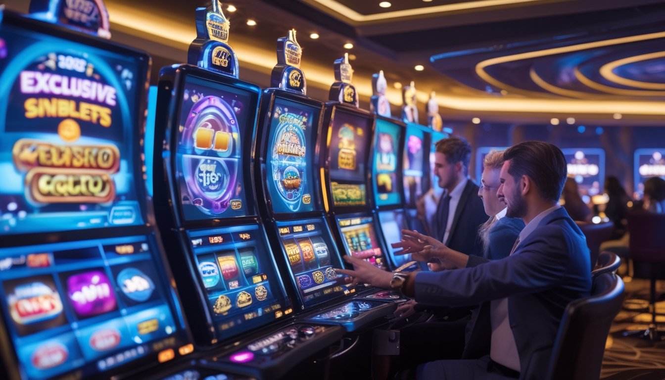 Orang-orang bermain mesin slot 3D di kasino modern dengan suasana futuristik dan lampu berwarna-warni.