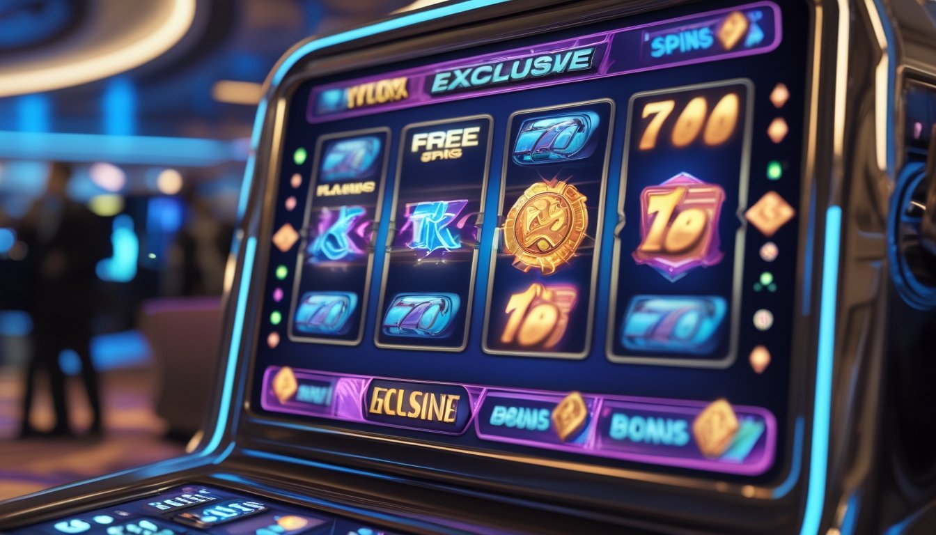 Mesin slot 3D modern dengan grafik tema eksklusif dan ikon fitur putaran gratis di latar kasino.