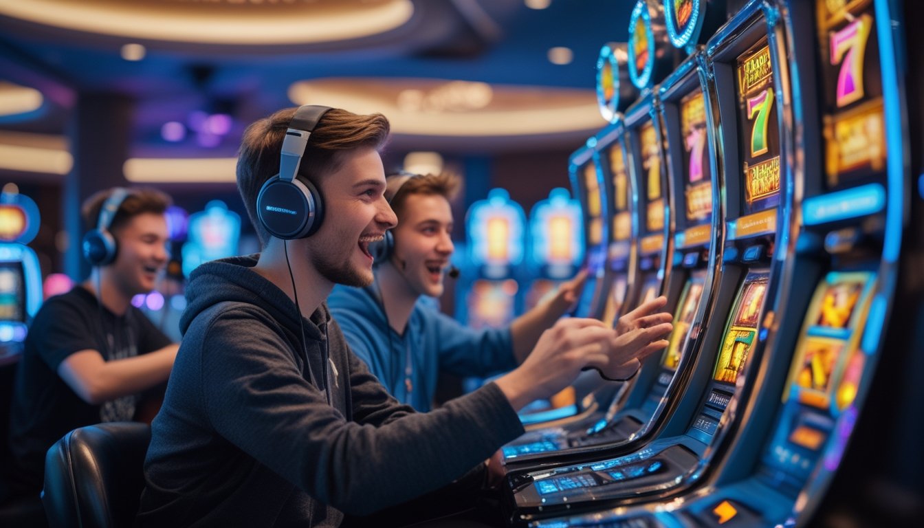 Seorang streamer muda sedang bermain mesin slot 3D di kasino modern dengan peralatan streaming di sekitarnya.