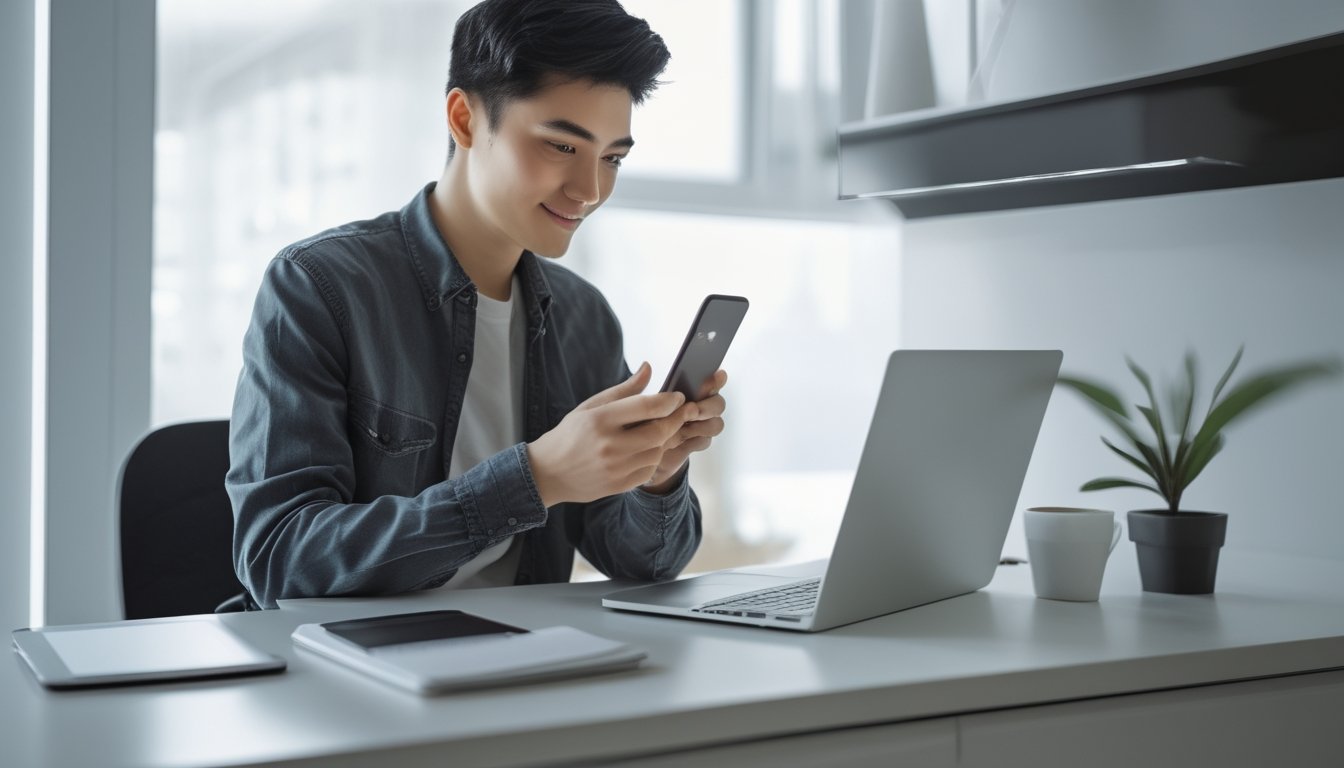 Seseorang menggunakan ponsel pintar di meja kerja dengan laptop dan kopi di ruang rumah yang terang.