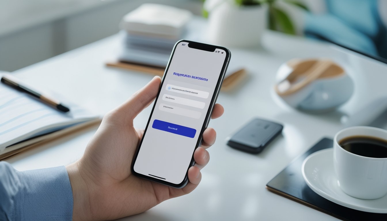 Seseorang memegang smartphone yang menampilkan proses pendaftaran akun secara online di meja kerja dengan alat tulis dan kopi di latar belakang.