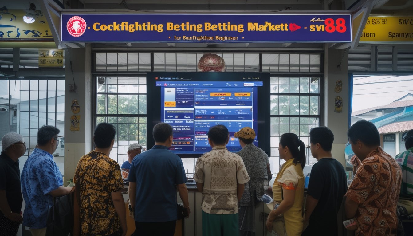 Sekelompok orang berkumpul di dalam ruangan dengan layar digital menampilkan informasi taruhan sabung ayam SV388, suasana ramai dan fokus.
