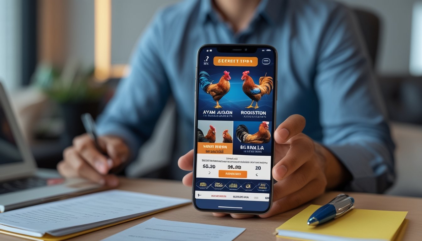 Seseorang sedang menggunakan aplikasi di ponsel yang menampilkan gambar ayam jago untuk taruhan dalam suasana dalam ruangan yang terang.