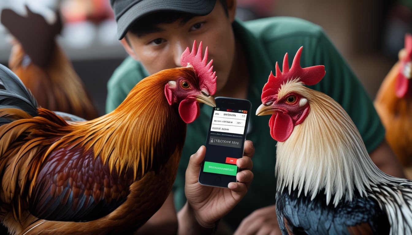 Seorang pria sedang memeriksa dua ayam jago berwarna merah dan putih sambil memegang ponsel dengan aplikasi, di latar belakang suasana pasar tradisional.