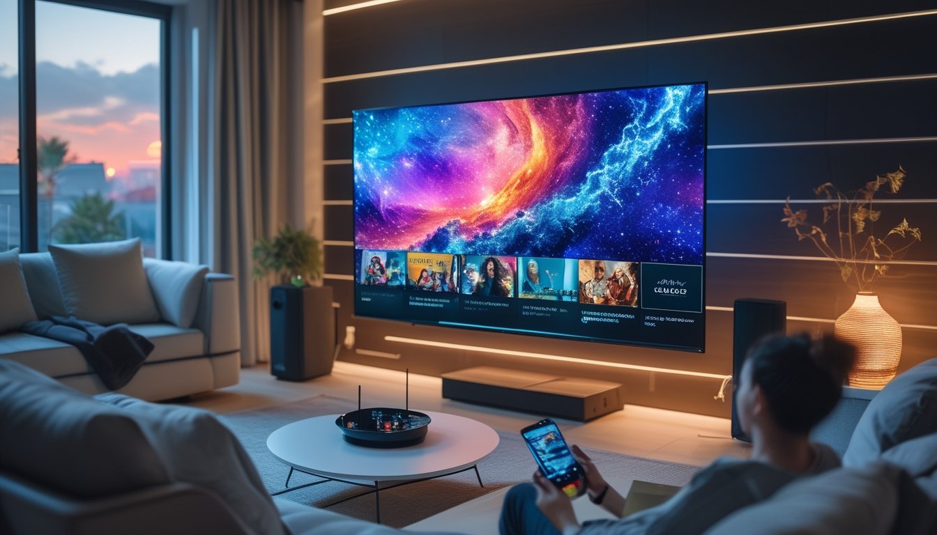 Seseorang duduk di sofa menonton televisi layar datar besar dengan gambar streaming berkualitas tinggi di ruang tamu yang nyaman.
