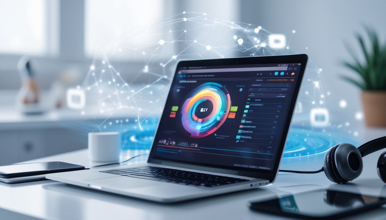 Meja kerja modern dengan laptop menampilkan antarmuka streaming yang cerah, dikelilingi perangkat teknologi seperti ponsel dan router nirkabel.