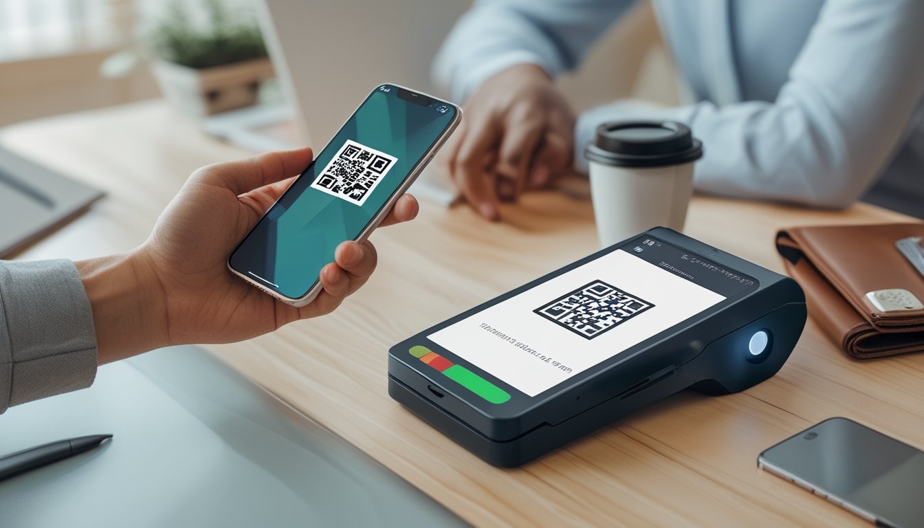 Tangan memegang ponsel dengan kode QR yang siap dipindai untuk pembayaran digital menggunakan e-wallet.