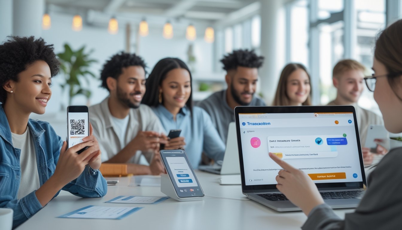 Beberapa orang muda menggunakan ponsel untuk melakukan pembayaran digital dengan QRIS dan e-wallet di sebuah kafe yang terang dan modern.