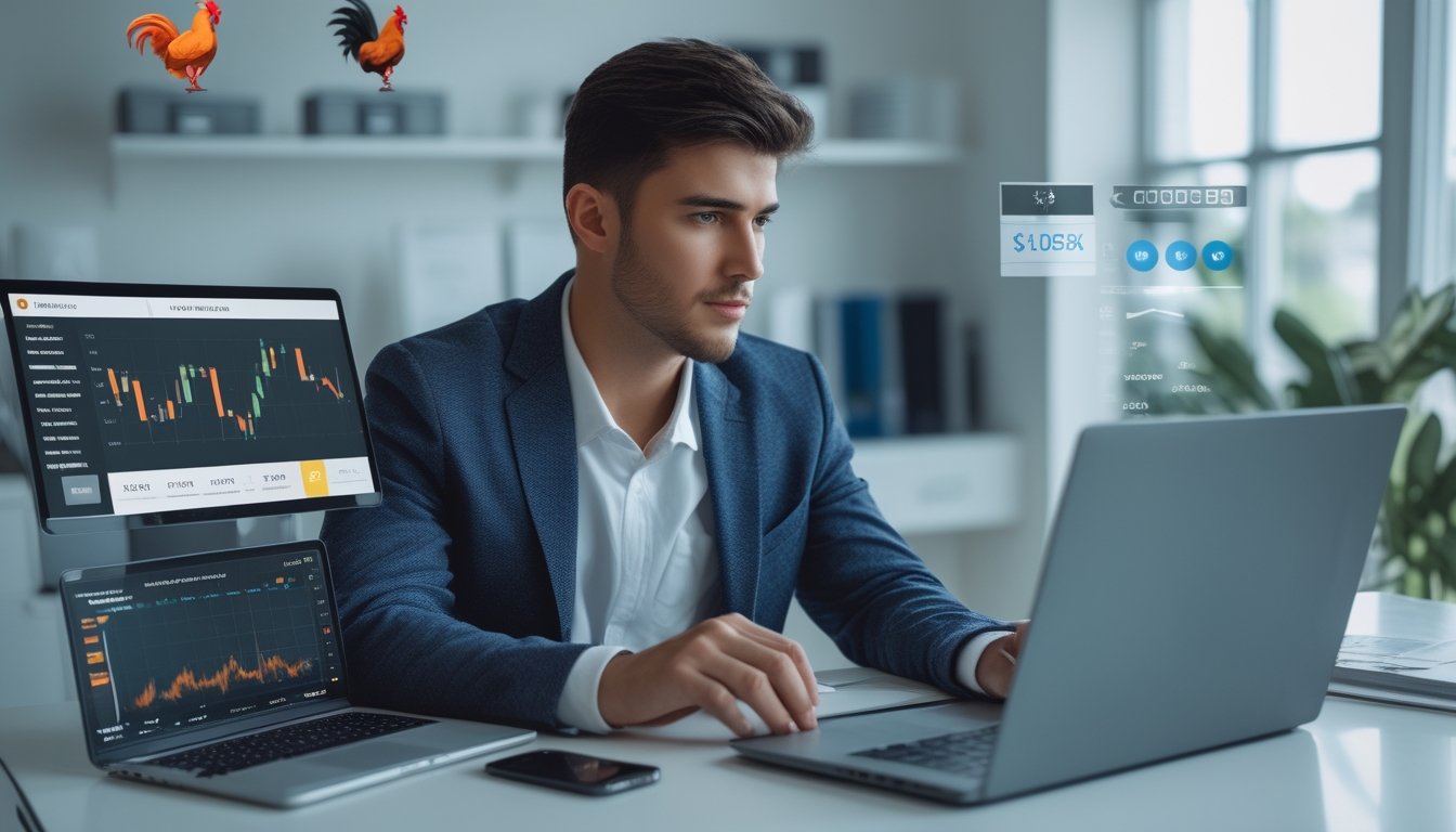 Seorang pria muda duduk di meja dengan laptop dan ponsel yang menampilkan grafik keuangan, fokus pada strategi manajemen modal dalam taruhan sabung ayam online.