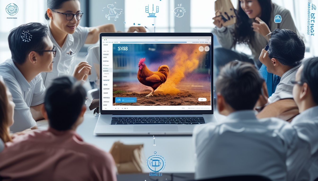 Orang-orang menonton pertandingan sabung ayam secara langsung di layar komputer dalam suasana modern dan teknologi tinggi.