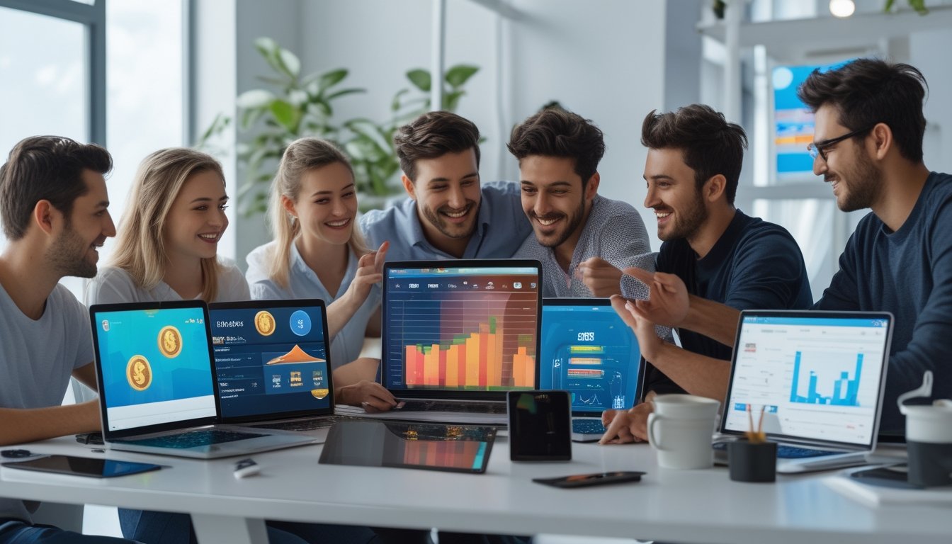 Sekelompok orang muda sedang bekerja bersama di meja dengan beberapa perangkat digital yang menampilkan grafik dan antarmuka permainan online.