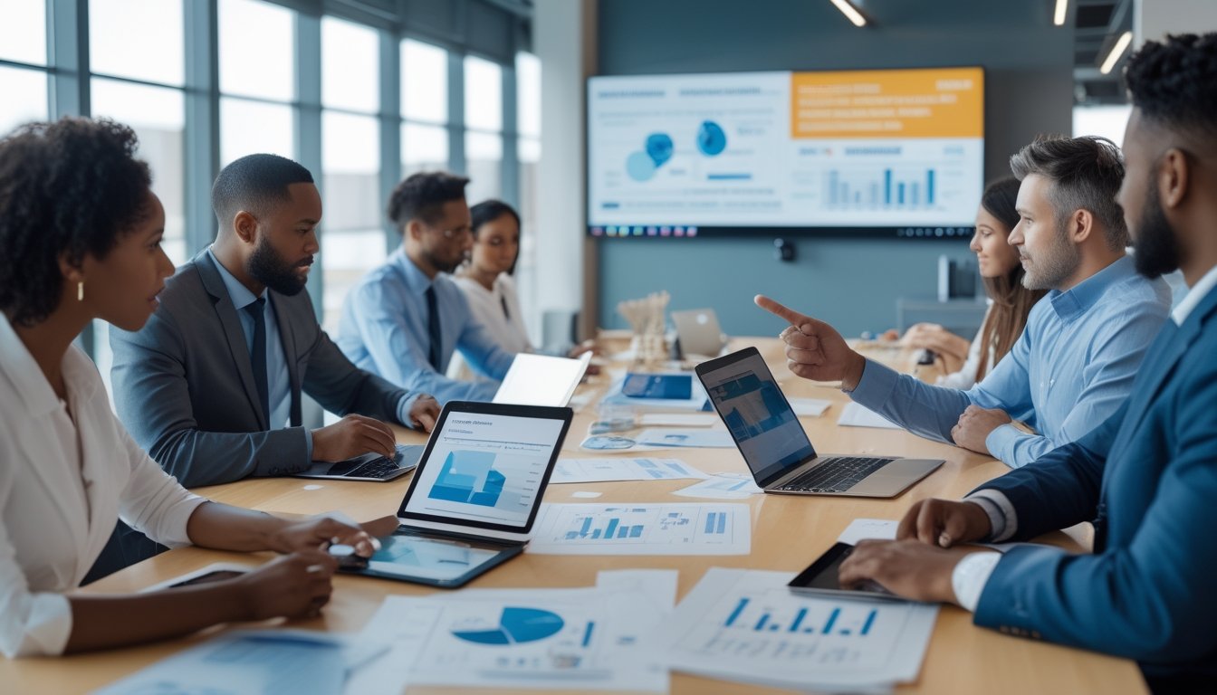 Sekelompok profesional bisnis sedang rapat di ruang kantor dengan dokumen dan layar digital yang menampilkan data keuangan.