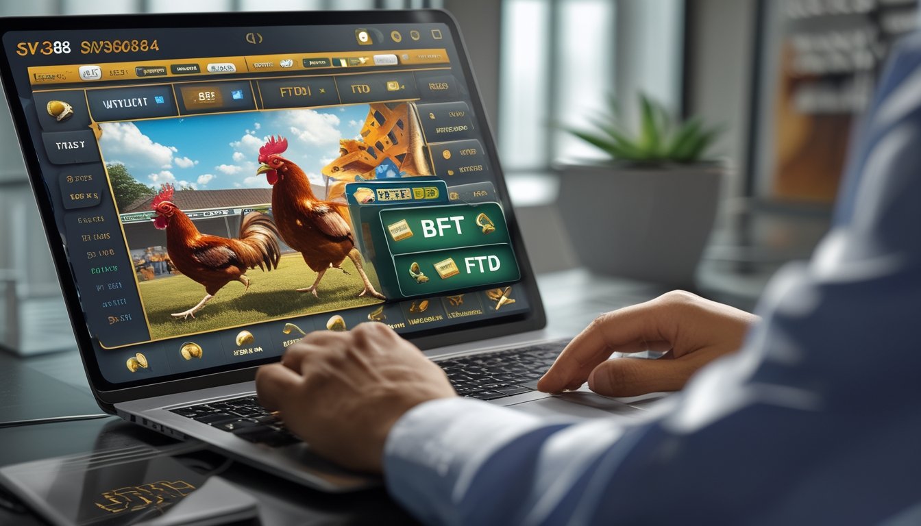 Seorang pemain menggunakan laptop dengan tampilan permainan sabung ayam online dan dua kartu taruhan berbeda di meja.