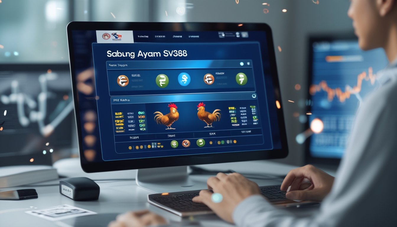 Seseorang menggunakan komputer dengan layar yang menampilkan platform taruhan online untuk permainan Sabung Ayam SV388.