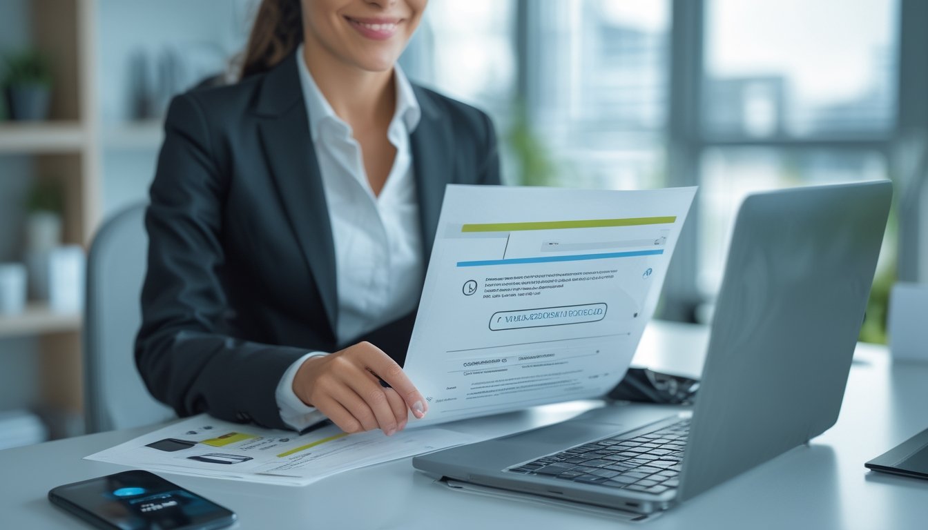 Seorang profesional bisnis sedang memeriksa dokumen di meja kantor modern dengan laptop dan ponsel yang menampilkan aplikasi keuangan.