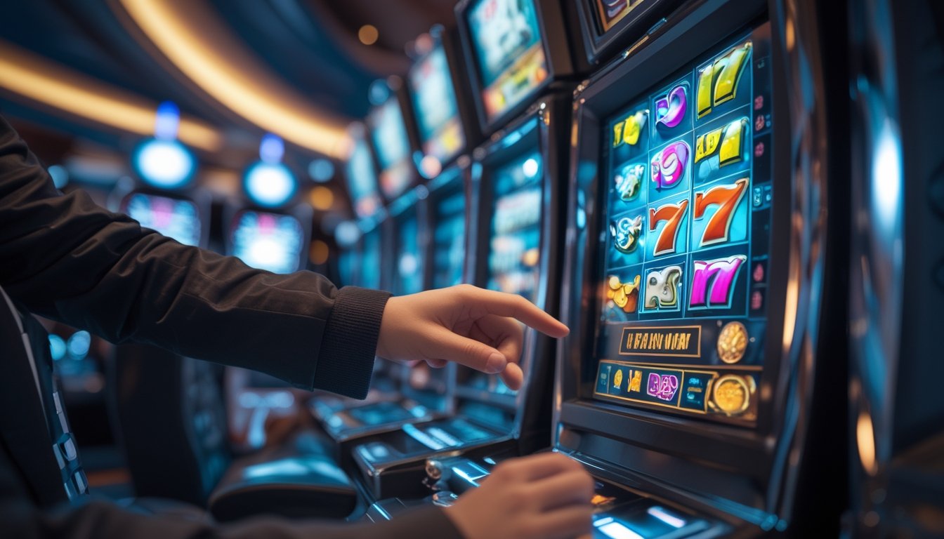 Seorang pemain sedang menggunakan mesin slot digital di dalam kasino yang terang dan modern.