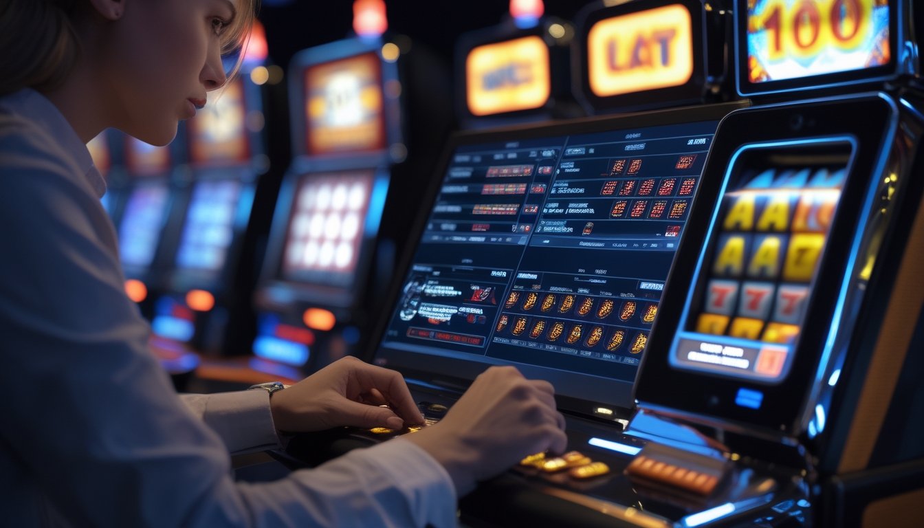 Seorang pria fokus melihat layar digital dengan pola mesin slot di latar kasino yang terang dan berwarna-warni.