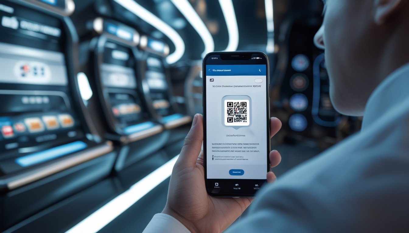 Tangan seseorang memegang ponsel dengan kode QR di layar, latar belakang menampilkan elemen digital dan ikon mesin slot.