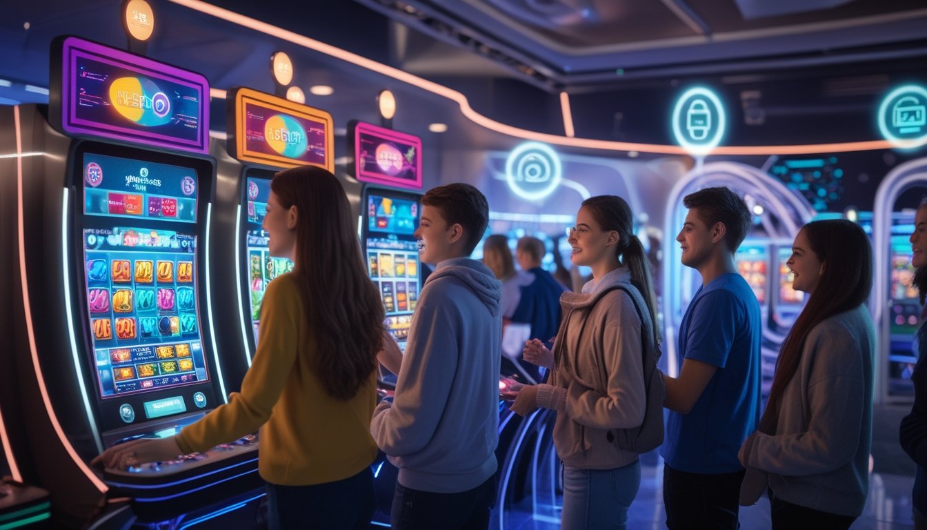 Beberapa orang muda sedang bermain mesin slot dengan desain futuristik dan layar berwarna cerah, di latar belakang terdapat ikon pembayaran digital QRIS.