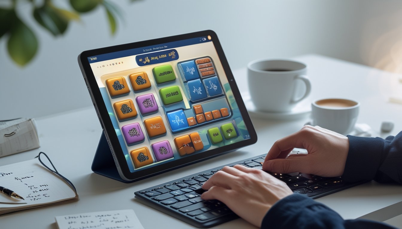 Sebuah meja dengan perangkat digital yang menampilkan permainan Mahjong Ways 2, dikelilingi oleh catatan dan secangkir kopi.