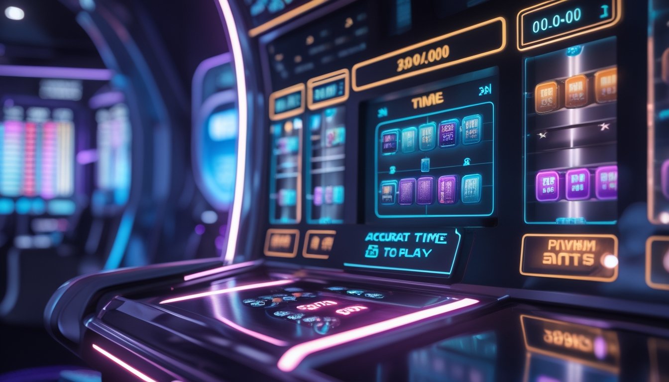 Sebuah mesin slot modern dengan elemen permainan Mahjong Ways 2 dan jam digital yang menunjukkan waktu tertentu di latar belakang kasino futuristik.