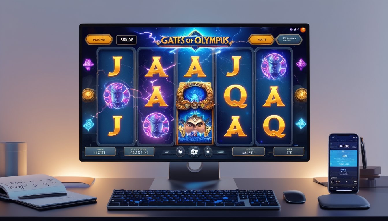 Sebuah meja dengan komputer menampilkan permainan slot bertema mitologi Yunani, dikelilingi catatan strategi dan ponsel yang menunjukkan statistik permainan.
