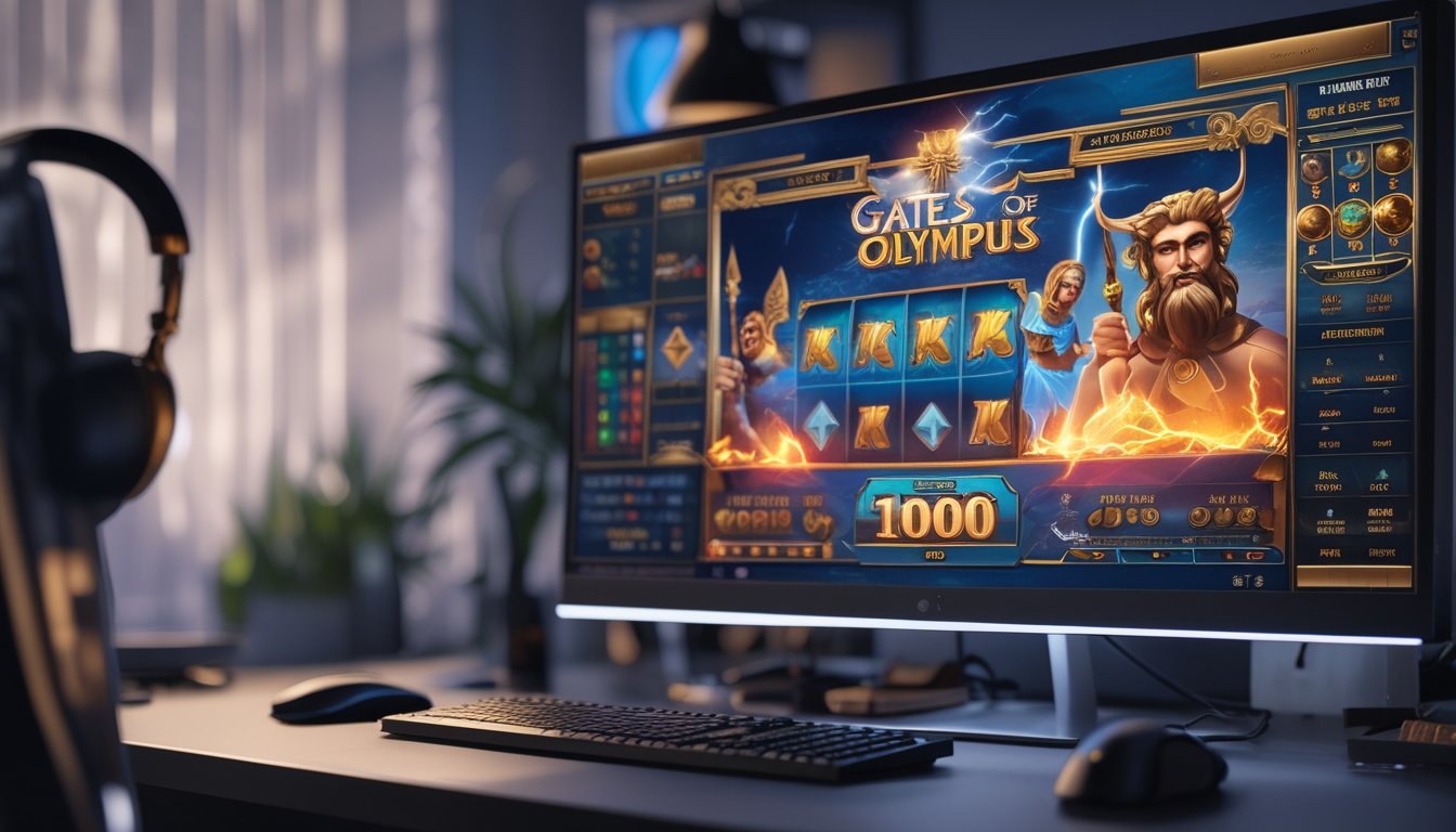Sebuah meja dengan komputer menampilkan permainan slot bertema mitologi Yunani dengan simbol petir dan karakter Zeus.