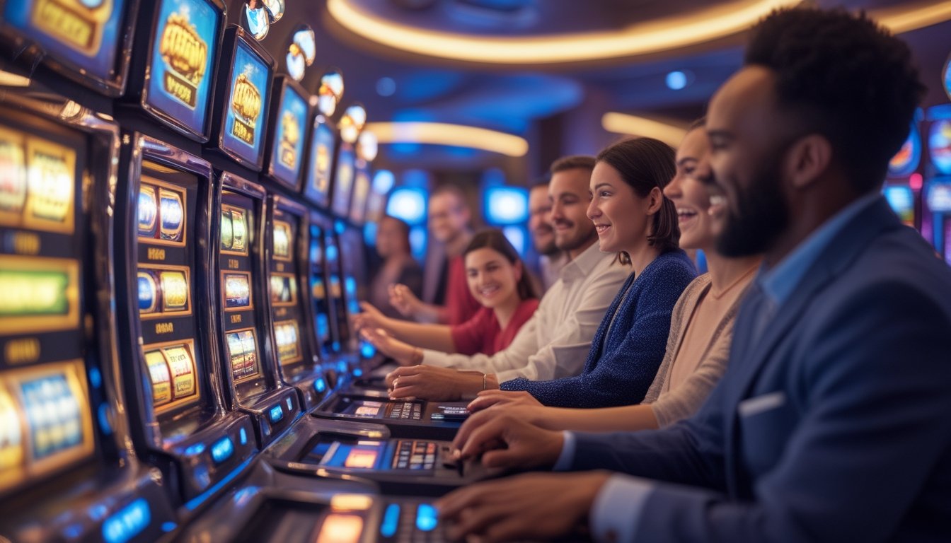 Beberapa orang sedang bermain mesin slot di kasino yang terang dan modern dengan suasana yang menyenangkan.