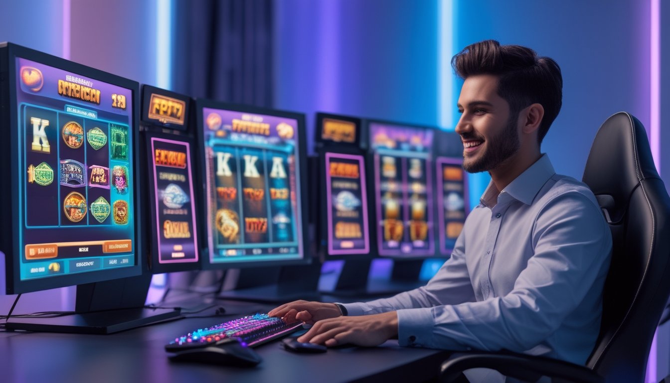 Seorang dewasa muda sedang bermain game slot online di komputer dengan layar menampilkan permainan slot berwarna-warni di ruangan dengan pencahayaan lembut.