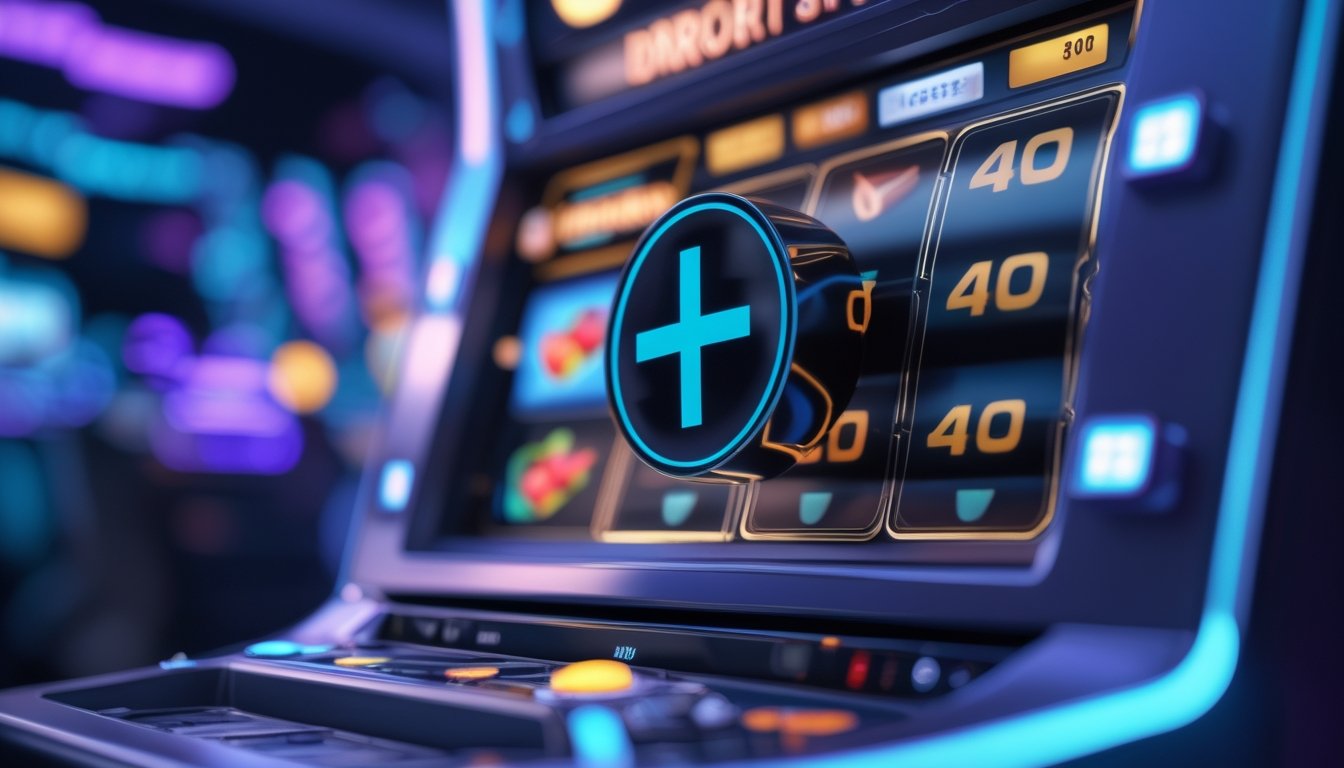 Tampilan dekat mesin slot digital dengan simbol scatter hitam yang menyala, dikelilingi oleh elemen teknologi dan grafik abstrak di latar belakang.