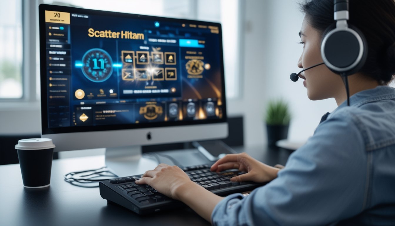 Seorang pria fokus menggunakan laptop dengan tampilan permainan slot online yang menampilkan simbol scatter hitam di layar.