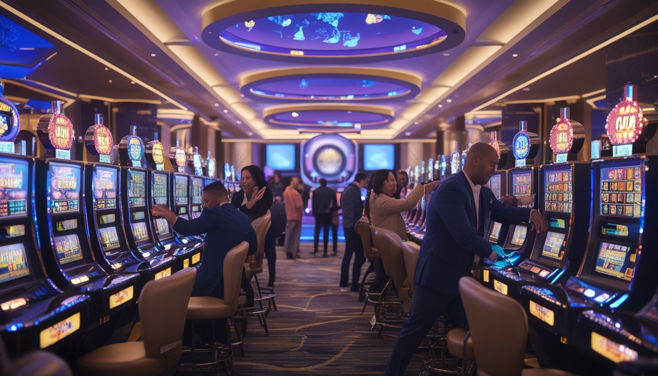 Suasana kasino modern dengan mesin slot yang menyala dan pemain yang sedang merayakan kemenangan besar.