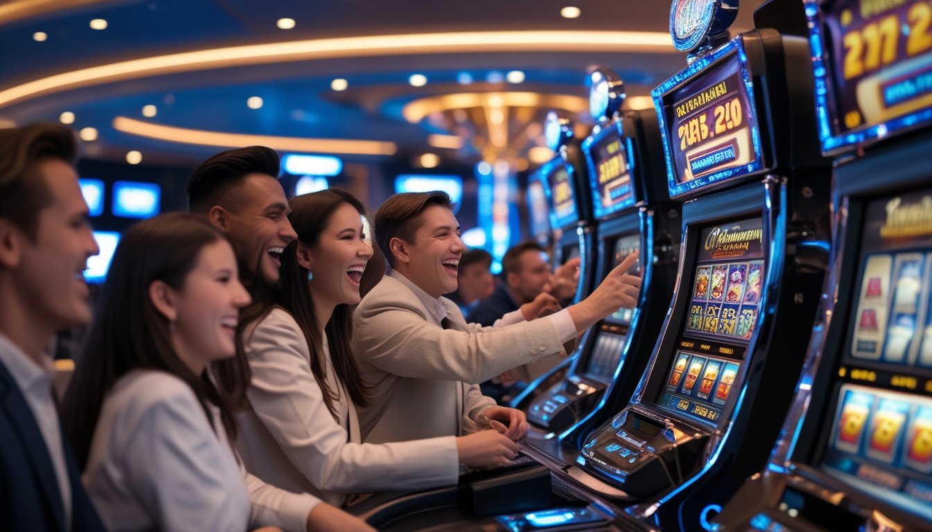 Orang-orang bermain mesin slot di kasino modern dengan suasana ceria dan mesin slot berwarna-warni yang menunjukkan kemenangan besar.