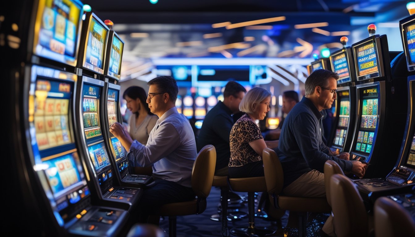 Beberapa orang dewasa sedang fokus bermain mesin slot di kasino modern dengan pencahayaan cerah dan mesin slot berwarna-warni.