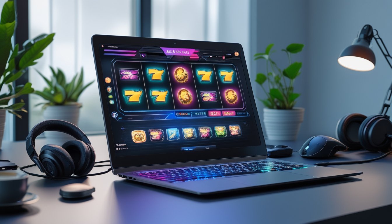 Sebuah ruang kerja modern dengan laptop yang menampilkan antarmuka aplikasi permainan slot, dikelilingi oleh aksesori gaming di atas meja.