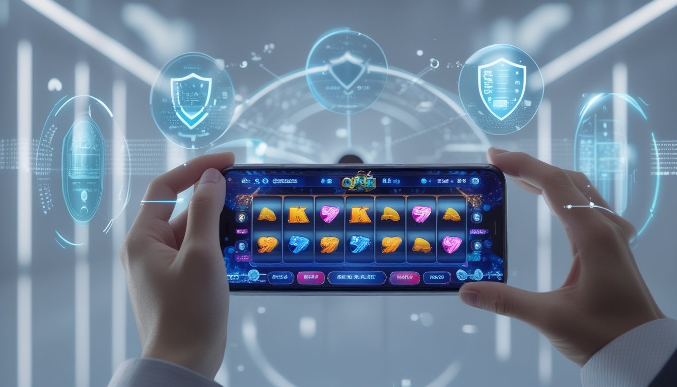 Seseorang memegang ponsel yang menampilkan permainan slot digital dengan latar belakang teknologi modern dan elemen holografik.